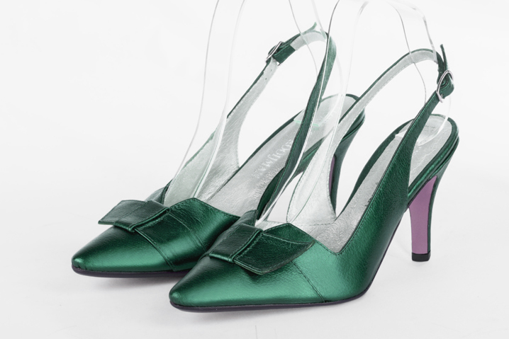 Emerald green women's open back shoes, with a knot. Tapered toe. High slim heel. Front view - Florence KOOIJMAN